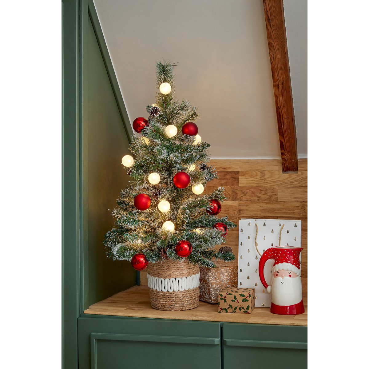 Kaprun Kunstkerstboom in Pot met LED Verlichting - H90 x Ø51 cm - Groen Frosted, Rood