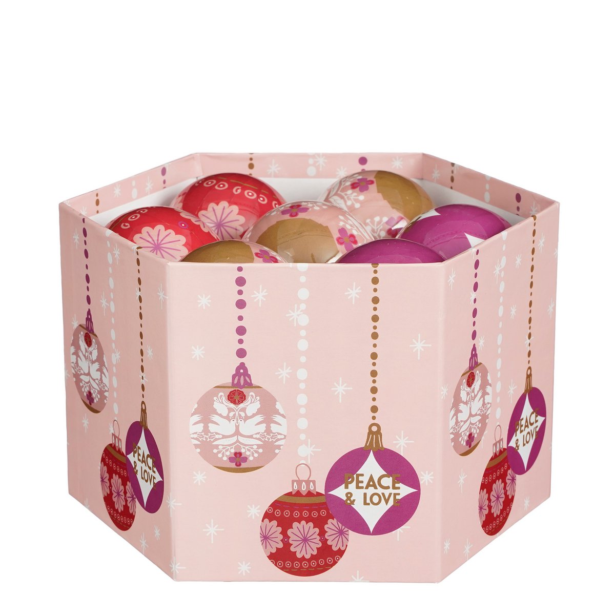 Cadeau Set Kerstballen Peace & Love - 14 Stuks - Ø8 cm - Onbreekbaar - Roze