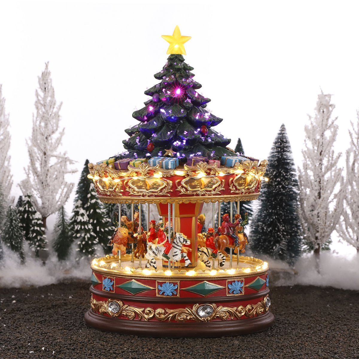 LuVille Kerstdorp Miniatuur Carrousel met Kerstboom - L22 x B22 x H35 cm