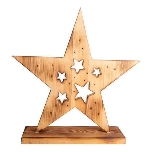 Led Wood Star 49 cm hoog, kerstdecoraties gemaakt van hout in de natuur, met stevig geïnstalleerde LED's