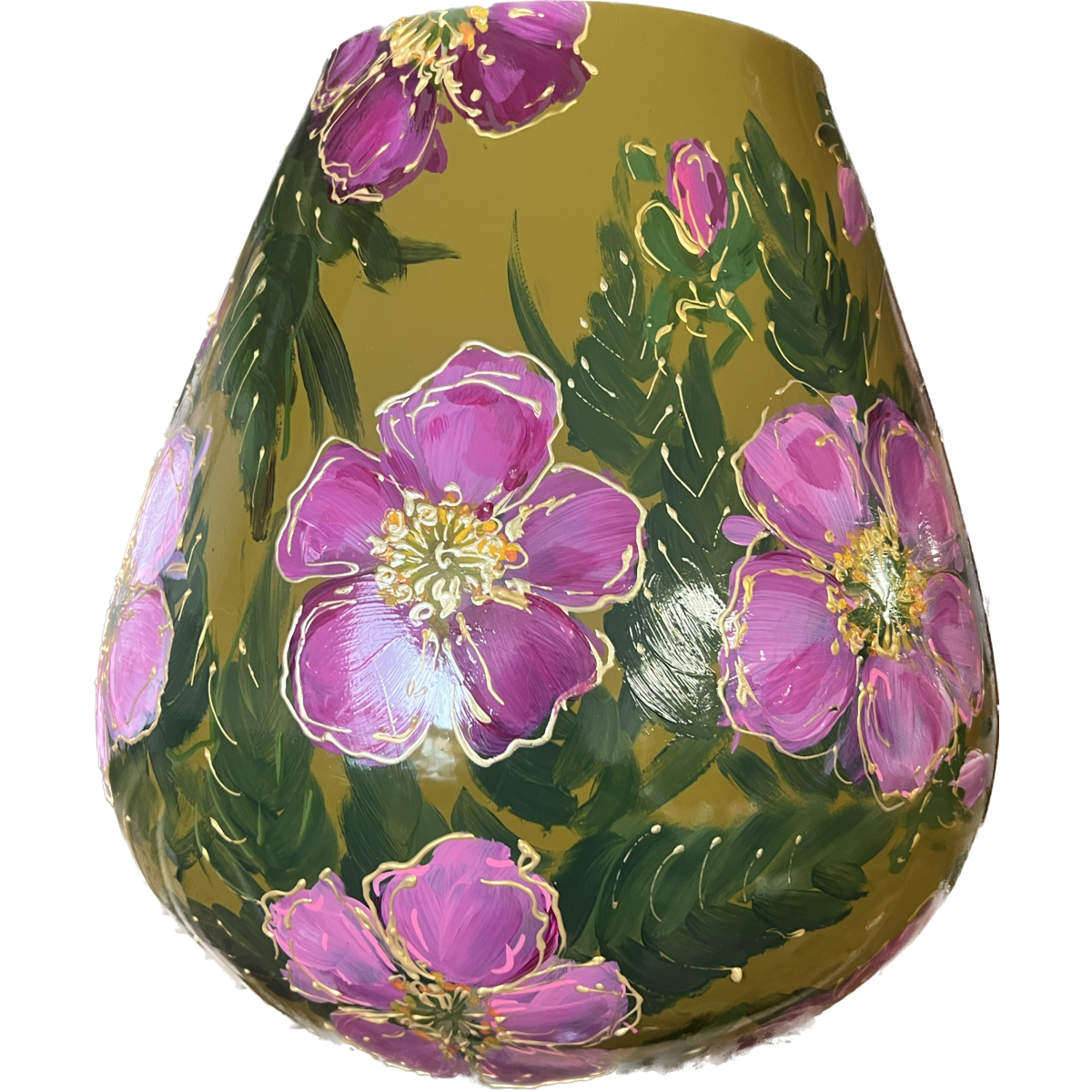 Handbeschilderde vaas - Tasman rosehip olive green