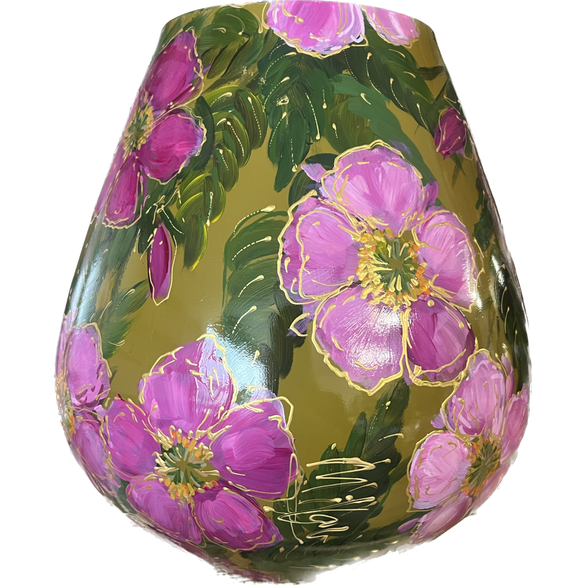 Handbeschilderde vaas - Tasman rosehip olive green