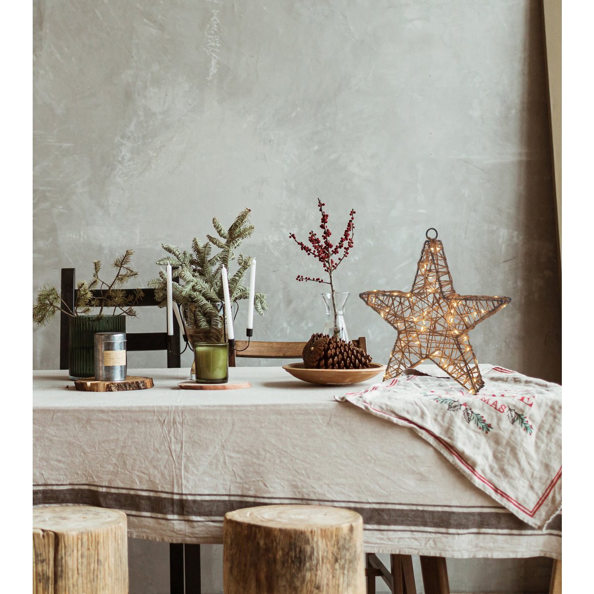 2 Set LED-kerstdecoratie "Metal Star" Ø 25 cm-Christmas Decoraties gemaakt van metaal en textiel in de natuur, met stevig ingebouwde LED's