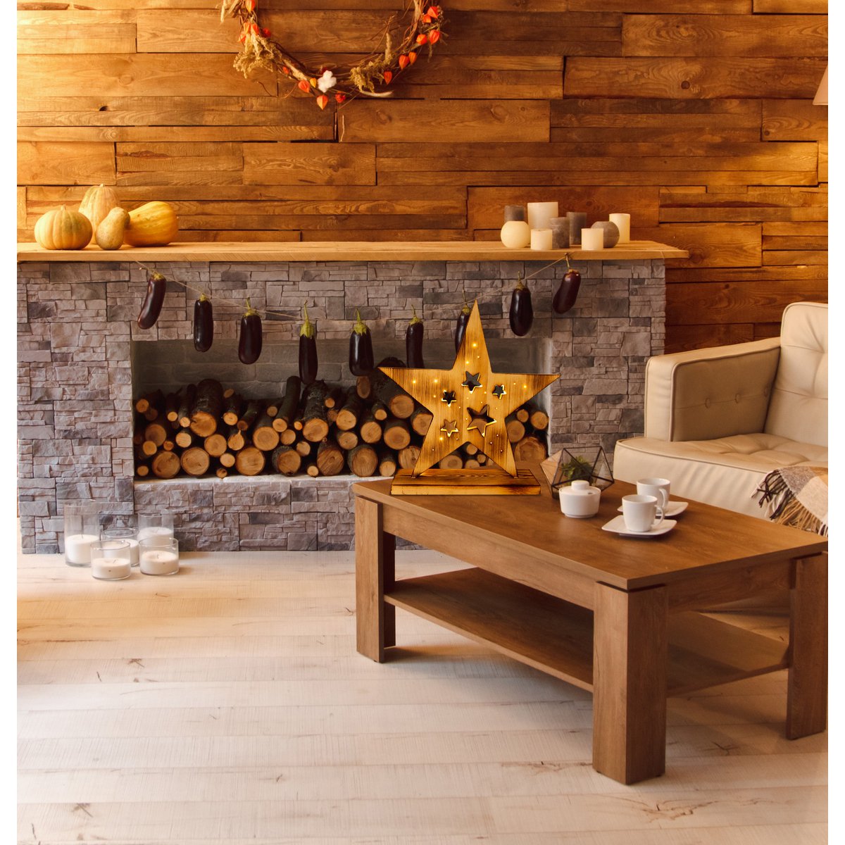 Led Wood Star 49 cm hoog, kerstdecoraties gemaakt van hout in de natuur, met stevig geïnstalleerde LED's