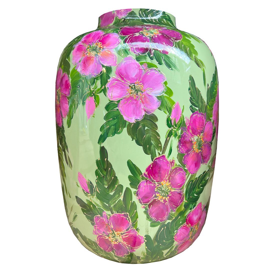Handbeschilderde vaas - Artic rosehip green pink flower