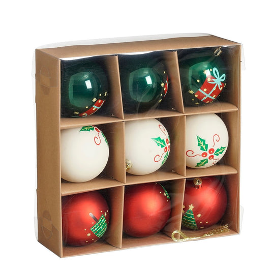 Kerstballen Set - 9 Stuks - Ø8 cm - Onbreekbaar - Wit, Rood, Groen