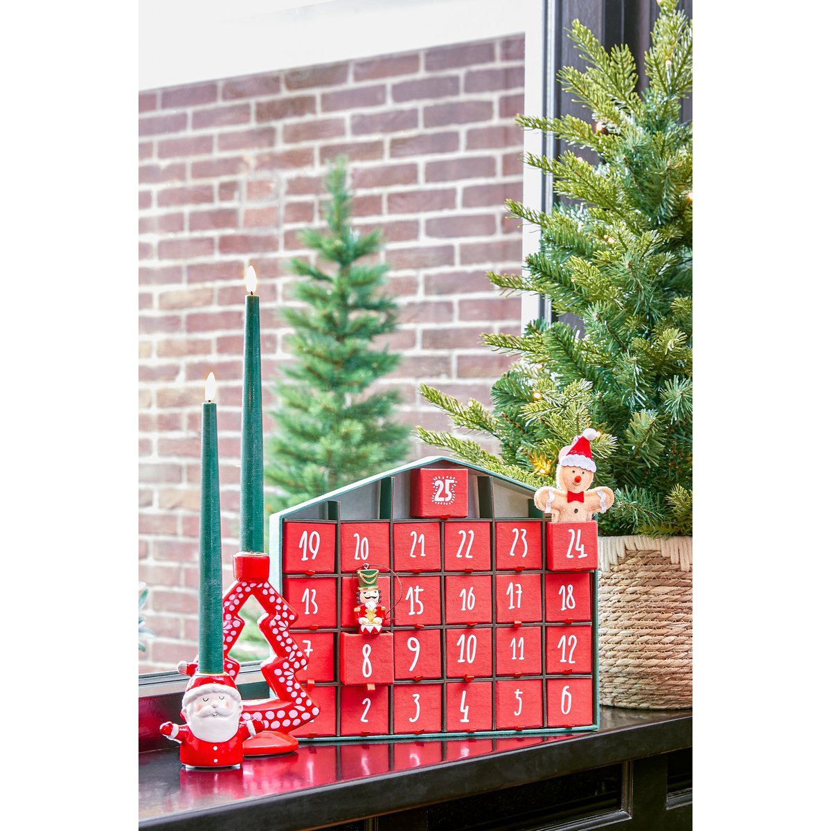 Adventskalender - L5 x B33 x H28 cm - Gerecycled Papier - Rood, Groen