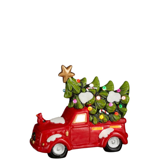 Decoratie Vrachtwagen met Verlichting - L21 x B10 x H17 cm - Keramiek - Rood