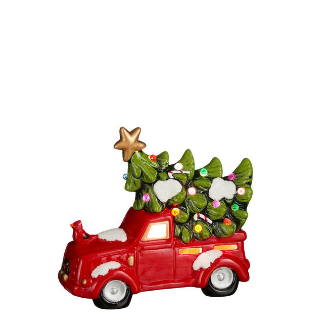 Decoratie Vrachtwagen met Verlichting - L21 x B10 x H17 cm - Keramiek - Rood