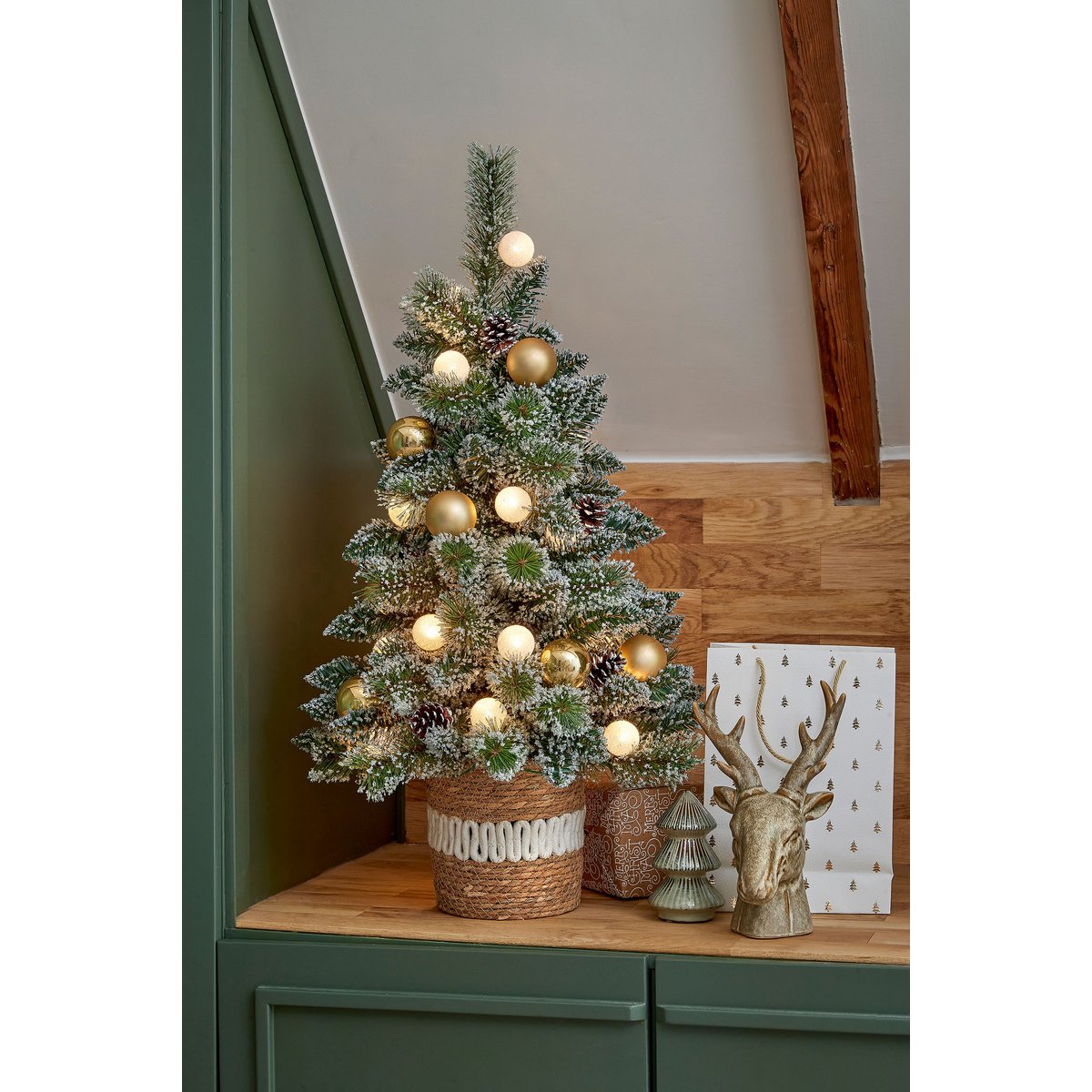 Kaprun Kunstkerstboom in Pot met LED Verlichting en Timerfunctie - H90 x Ø51 cm - Groen, Goud