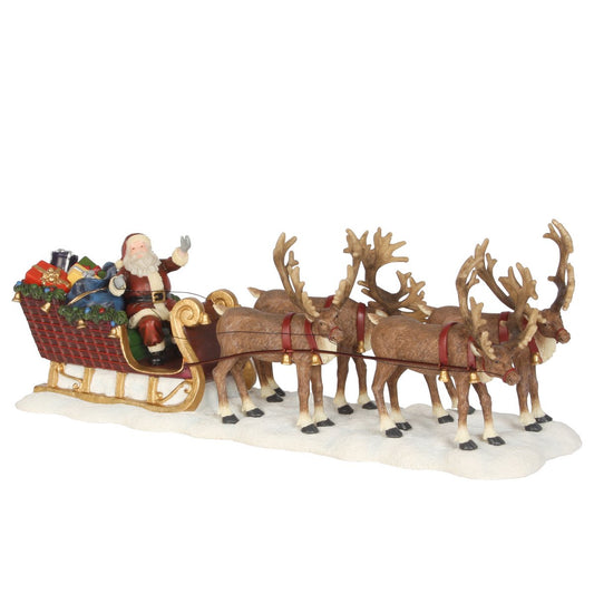 LuVille Kerstdorp Miniatuur Kerstman met zijn Rendierenslee - L21 x B7 x H8 cm