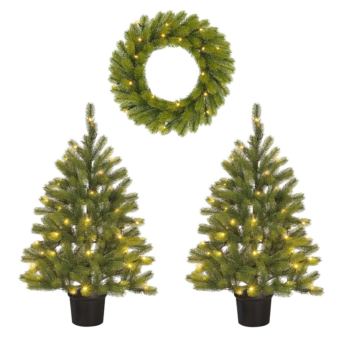 Nagoya Set van 2 Kerstbomen en 1 Kerstkrans voor Buiten met LED Verlichting en Timerfunctie - H90 x Ø45 cm - Groen