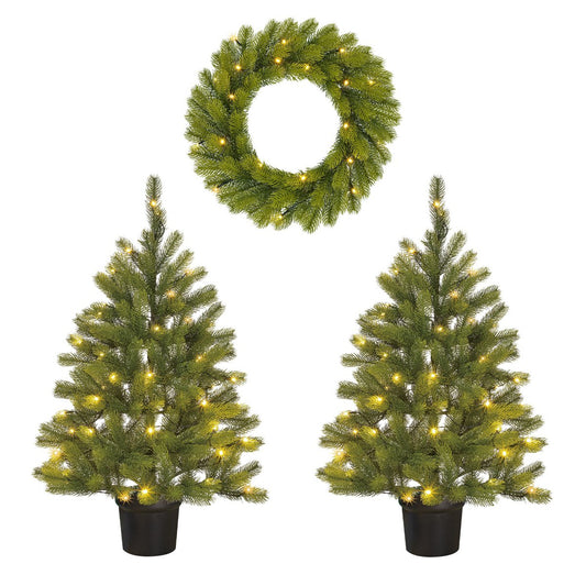 Nagoya Set van 2 Kerstbomen en 1 Kerstkrans voor Buiten met LED Verlichting en Timerfunctie - H90 x Ø45 cm - Groen