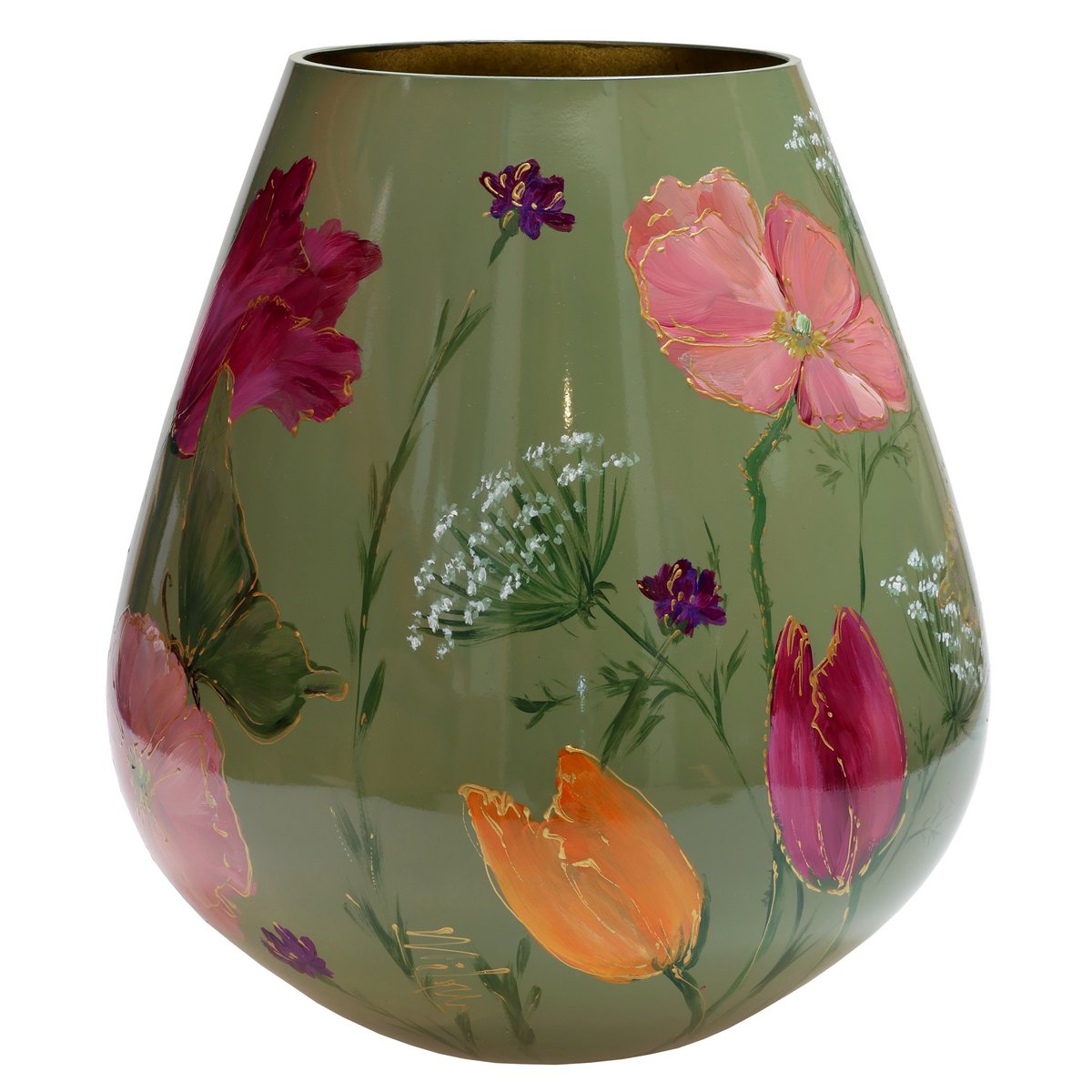 Handbeschilderde vaas - Tasman M Flowermix olive green
