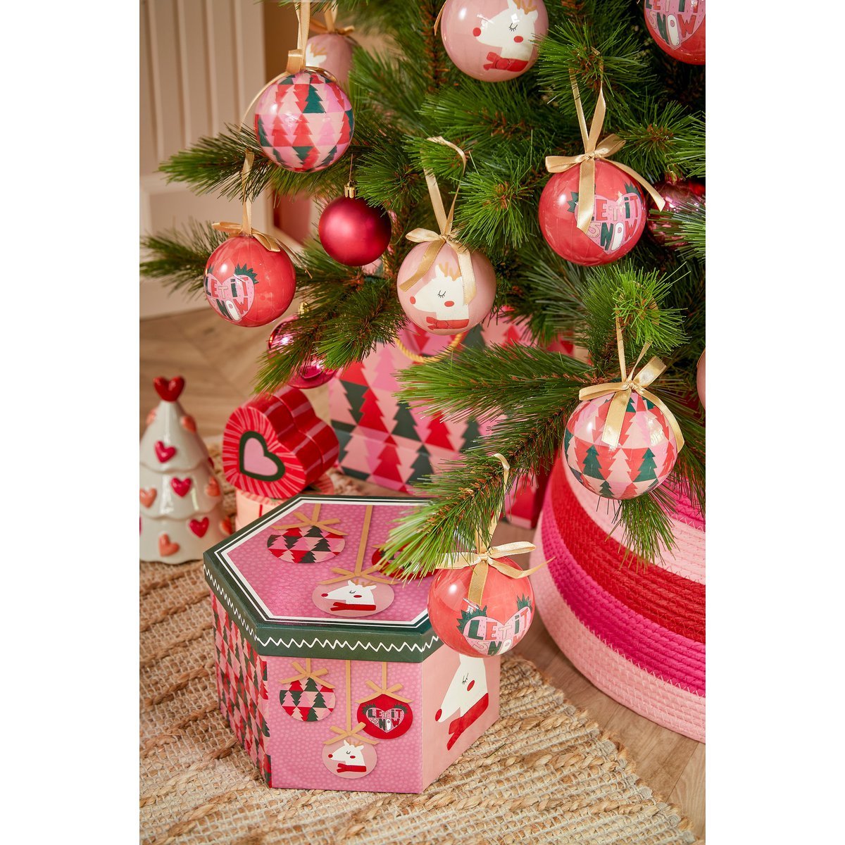 Kerstballen Cadeauset - 14 Stuks - Ø8 cm - Onbreekbaar - Roze, Donkergroen