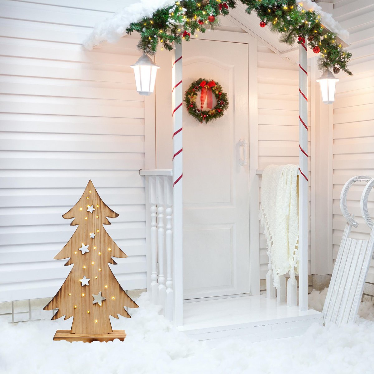 LED WOOD Decolum "Fir Tree" klein, gemaakt van natuurlijk hout met vaste LED's, kerstdecoratie voor buiten