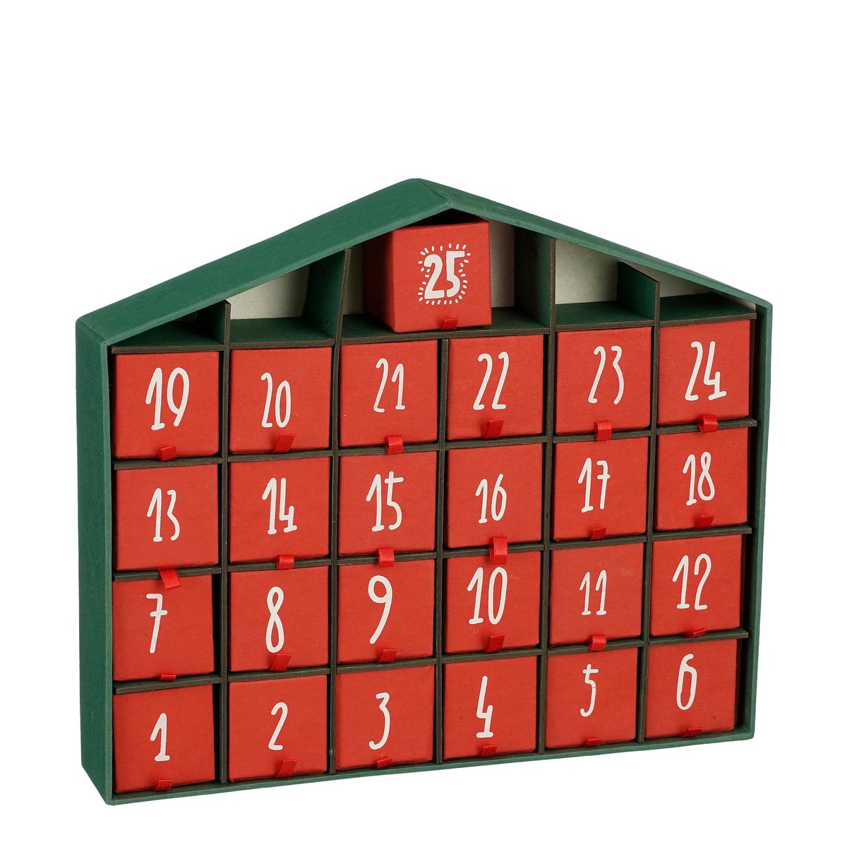 Adventskalender - L5 x B33 x H28 cm - Gerecycled Papier - Rood, Groen