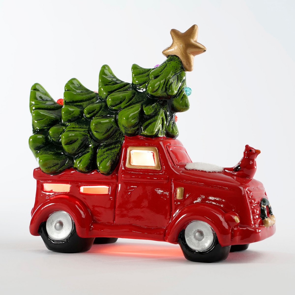 Decoratie Vrachtwagen met Verlichting - L21 x B10 x H17 cm - Keramiek - Rood