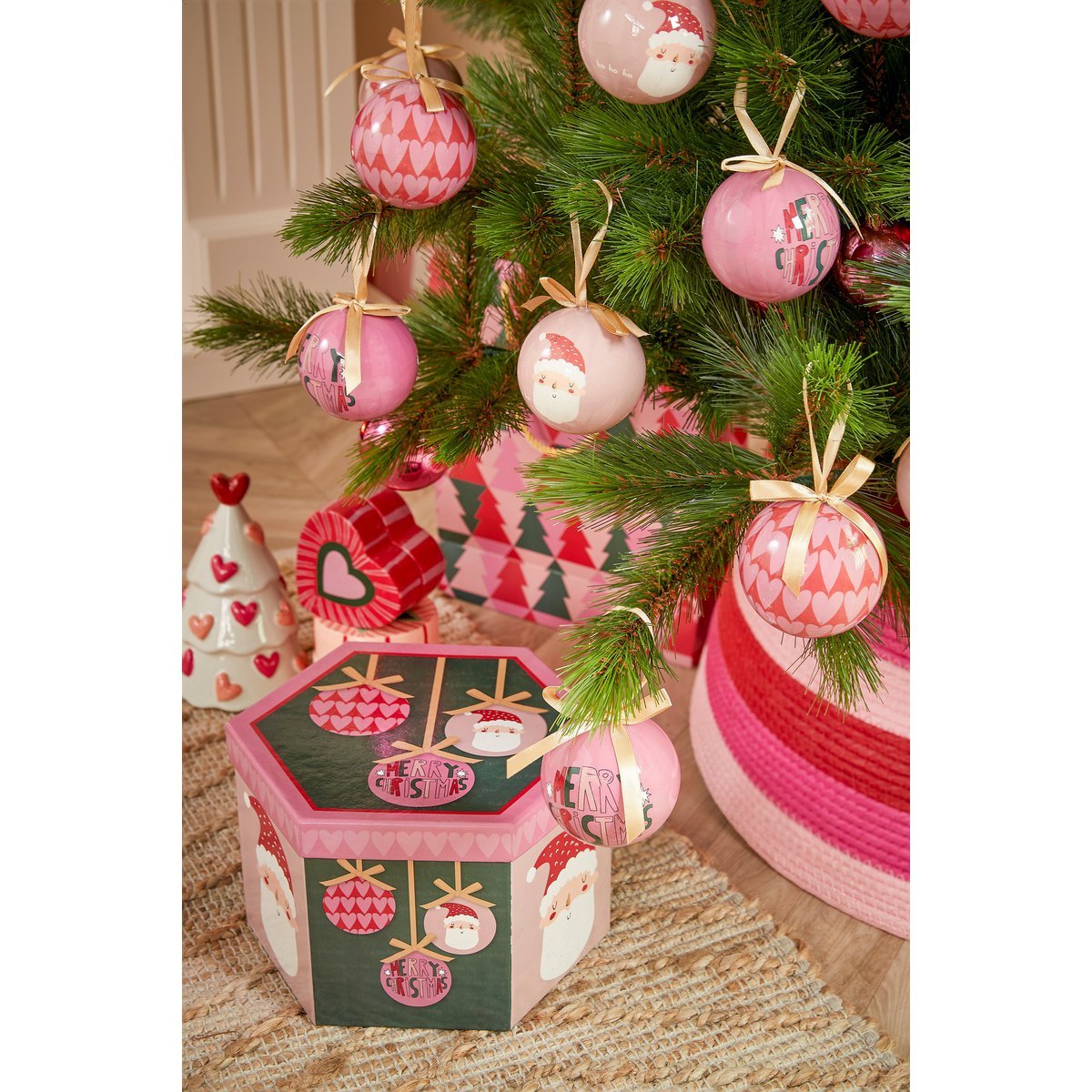 Kerstballen Cadeauset - 14 Stuks - Ø8 cm - Onbreekbaar - Roze, Donkergroen