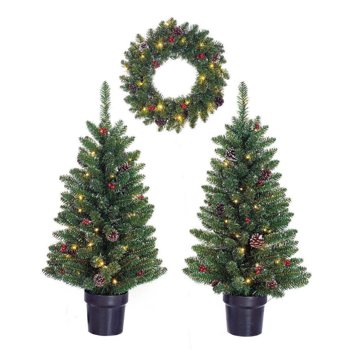 Creston Set van 2 Kerstbomen en 1 Krans met LED Verlichting - Groen