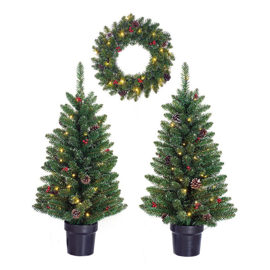 Creston Set van 2 Kerstbomen en 1 Krans met LED Verlichting - Groen