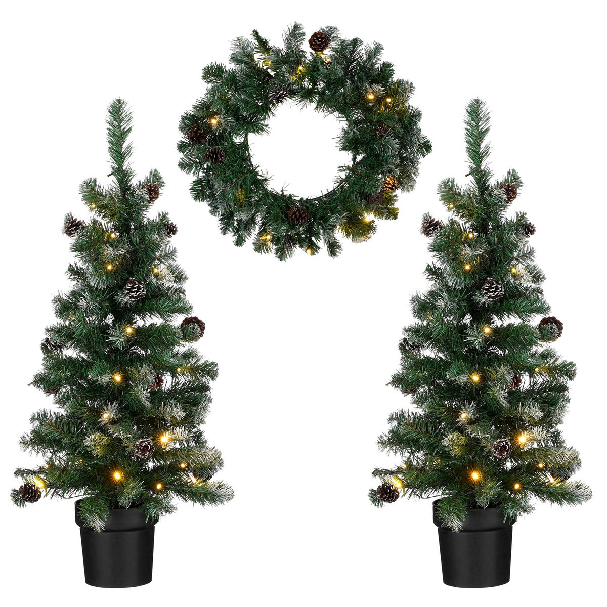 Norton Set van 2 Kunstkerstbomen en 1 Kerstkrans met LED Verlichting - Groen Frosted