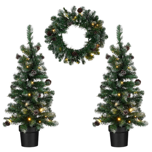 Norton Set van 2 Kunstkerstbomen en 1 Kerstkrans met LED Verlichting - Groen Frosted