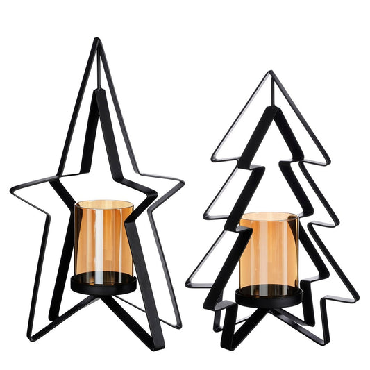 Kerstkandelaar - Set van 2 - L20 x B11 x H32 cm - IJzer - Zwart, Goud